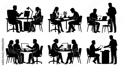 Business office silhouettes set, professional corporate workers at desks, black and white employee meeting and interview vector icons