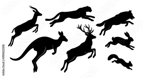 Wild animal silhouettes jumping and running, set of 7 black vector icons, jumping kangaroo and deer silhouettes, leaping cheetah and wolf graphics