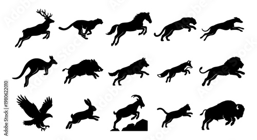 Black animal silhouettes set of 15 jumping wildlife icons, running wild animals vector collection, jumping mammal and bird silhouettes for nature logos