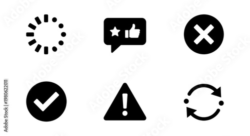 Minimalist black interface icons set, 6 vector UI elements for web and apps, loading spinner and feedback symbols, system status notification signs