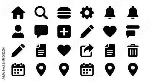Minimalist UI icon set, black solid web interface symbols, collection of 24 vector navigation and application icons for mobile app design