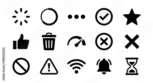 Minimalist black UI icon set, 15 essential web and mobile app interface symbols, modern flat vector icons for digital dashboard and software navigation