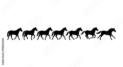 Black horse silhouette animation sequence, galloping stallion motion study vector, set of 7 running equine figures for film and design