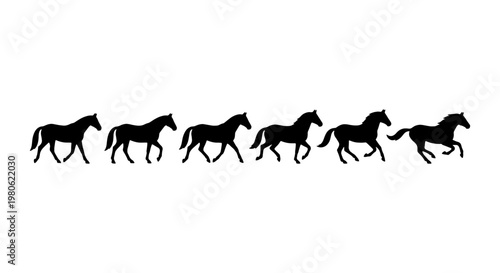 Black horse silhouette animation sequence, set of 6 running horse icons, galloping stallion motion frames for video and web design