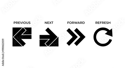Minimalist black arrow icon set, previous next forward and refresh navigation symbols, 4 vector web interface elements for app design