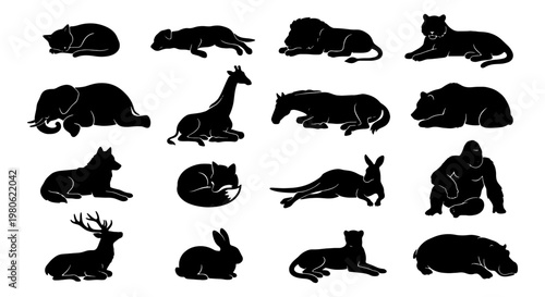 Sleeping wild animals silhouette collection, 16 vector icons of resting safari and forest creatures, black animal shapes in lying poses