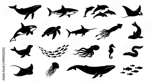 Marine life silhouette vector set, black sea animal icons including whale shark and dolphin, aquatic wildlife collection for ocean conservation