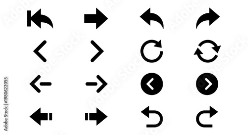 Minimalist black arrow icon set, 16 vector navigation symbols for UI design, modern directional pointers and refresh buttons for web apps