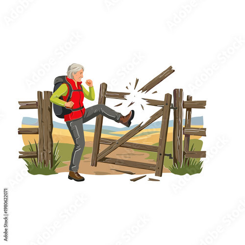 Man kicking broken wooden gate in rural field with backpack on