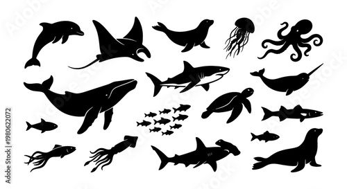 Black sea animal silhouettes set, marine life vector icons collection, ocean wildlife illustrations with shark whale and dolphin, aquatic creature shapes