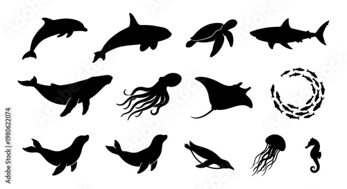 Marine life silhouette collection, 13 sea animal vector icons, black aquatic wildlife shapes including whale, shark, dolphin and octopus on white background