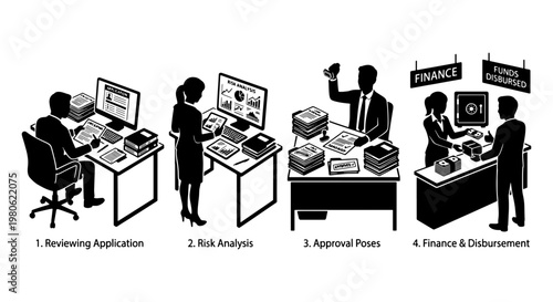 Loan application process infographic icons, business risk analysis and finance disbursement stages, black and white office silhouettes vector set