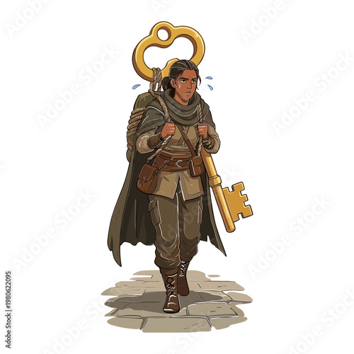 A person wearing a cloak walks forward carrying a giant key and sweat drops.
