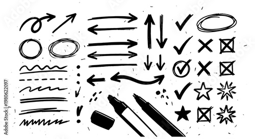 Hand drawn black marker arrows and symbols set, grunge felt tip pen strokes and check marks, sketchy doodle pointers and circles vector collection