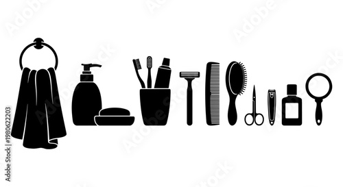 Bathroom personal care icons set, black silhouette hygiene products and grooming tools, daily morning routine vector elements for web design