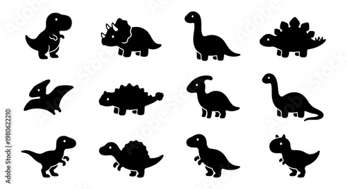 Cute dinosaur silhouette icons set, 12 black prehistoric animal vector elements, cartoon dino characters for kids education and nursery decor