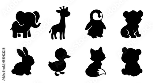 Cute baby animal silhouettes set, 8 black wildlife icons for kids, minimalist zoo and forest animal vector shapes on white background