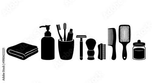 Black silhouette bathroom accessories set, personal hygiene grooming icons, daily morning routine essentials for web and print design
