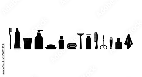 Minimalist bathroom icons set, black silhouettes of personal hygiene products and grooming tools, 14 vector elements for skincare and daily routine