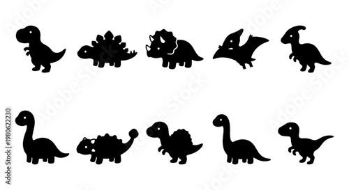 Cute dinosaur silhouette icons set, cartoon prehistoric animal vector collection, black dino shapes for kids nursery and educational design