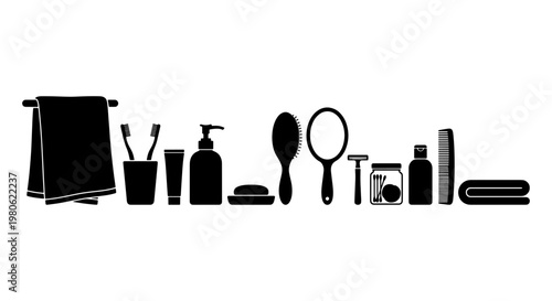 Black bathroom accessories silhouettes, personal hygiene and grooming icons set, daily skincare and body care products vector collection