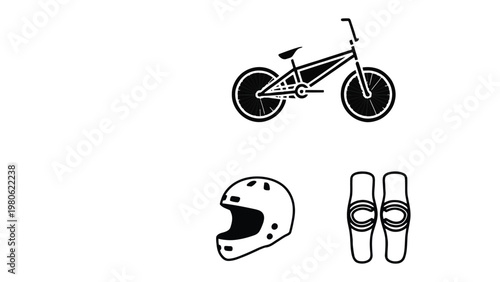 BMX gear and a bike: An illustration of a BMX bike alongside protective gear like a helmet and knee pads, symbolizing the sport and the need for safety.