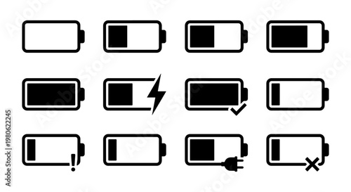 Battery status icon set with 12 vector elements, black charging level indicators, power supply symbols for mobile interface design