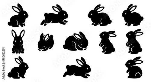 Black rabbit silhouette collection, set of 12 bunny icons in various poses, minimalist hare vector graphics for Easter and nature design