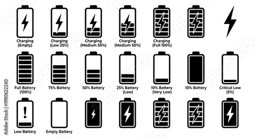Battery charge level icons set, 20 black vector power indicators, mobile phone battery status symbols for UI design, energy charging progress signs