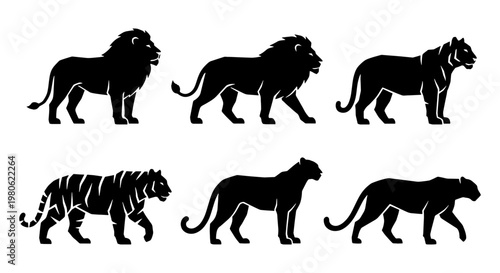 Black silhouette wild cat collection, set of 6 big cat icons including lion and tiger, predatory animal vector graphics for logo design