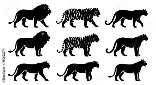 Wild cat silhouettes set of 9 vector icons, black lion tiger and panther shapes, predatory animal profile graphics for logo design and branding