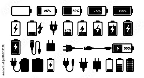 Minimalist battery icon set with charging indicators, 25 vector elements showing power levels and percentage status, black silhouette energy symbols