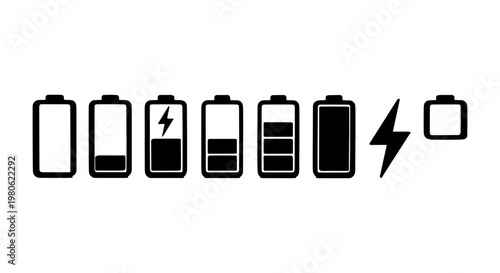 Minimalist battery charge level icons, black vector power status indicators, set of energy life symbols for mobile interface and web design