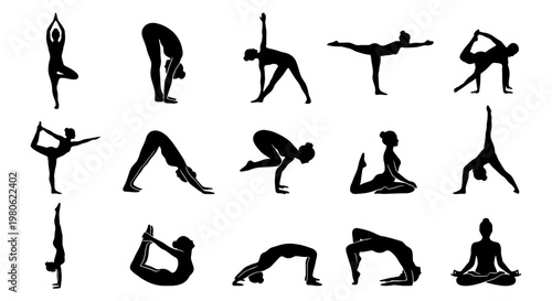 Yoga poses silhouette collection, 15 female fitness icons in black vector format, woman practicing pilates and stretching exercises for wellness