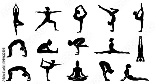 Yoga poses silhouette collection, 15 female yoga asanas vector set, black fitness icons for wellness and meditation graphics, stretching exercise figures