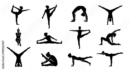 Yoga poses silhouette collection, set of 12 female yoga asana icons, black vector figures practicing fitness and meditation exercises