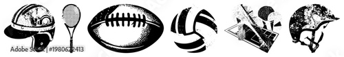 Black and white vector of sports gear including helmet, racket, football, volleyball, tennis court, and hockey mask. Flat design with halftone texture. Sport symbols for branding or apps.
