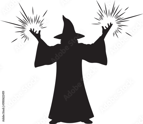 Black silhouette of a wizard casting magic with hands raised and sparks