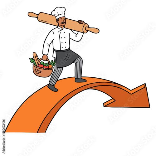 Chef balances on arrow with rolling pin and fresh produce basket