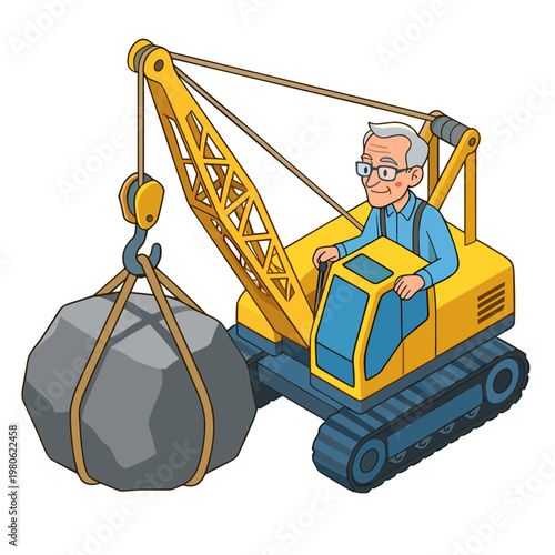 An old man operates a yellow excavator lifting a large boulder.