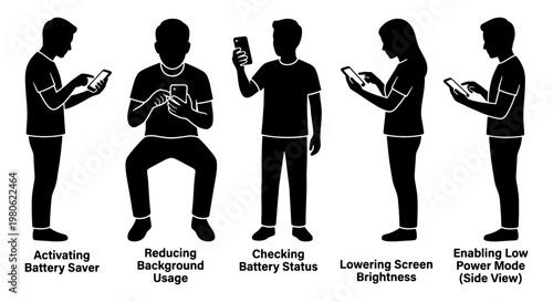 Black silhouette people using smartphones, mobile battery saving tips vector set, men and women checking phone status and lowering screen brightness