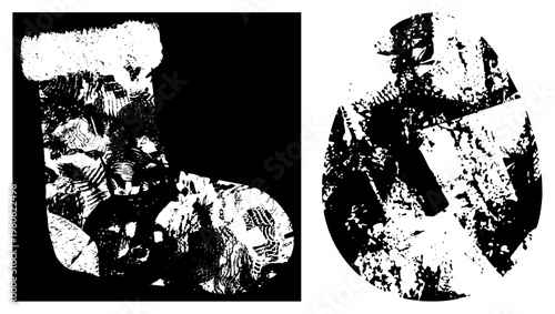 Holiday with fuzzy cuff and snowman figure in stylized black and white, halftone texture, festive winter decor, isolated vector graphic, Christmas symbols.