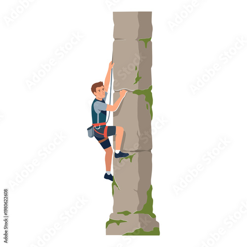 Man climbing steep rocky cliff face with green moss outdoors