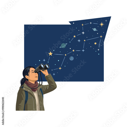 A woman stargazes through binoculars at night sky constellations.