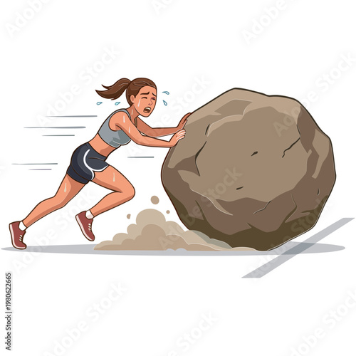 Woman runs pushing large boulder uphill with effort and determination outside on ground.