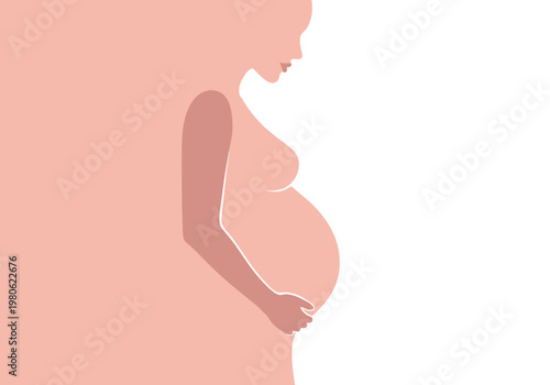 Minimalist Illustration of a Pregnant Woman Silhouette on a Soft Pink Background - Concept for Maternity, Motherhood, and Prenatal Care