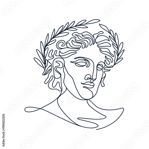 Continuous line, drawing of Greek god head wearing laurel wreath statue minimalist, Ancient Greek Figure Face Head Statue vector illustration for t-shirt, slogan design print graphics style
