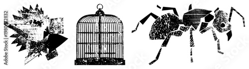 Vector graphic featuring porcupine with spiky quills, ornate birdcage with latch, and segmented ant, all rendered in distressed halftone style with gritty texture, ideal for print or digital design.