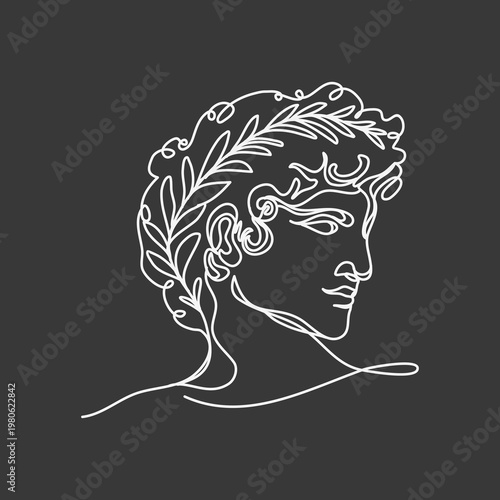 Continuous line, drawing of Greek god head wearing laurel wreath statue minimalist, Ancient Greek Figure Face Head Statue vector illustration for t-shirt, slogan design print graphics style