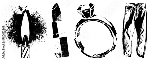 Candle flame, lipstick, diamond ring, jeans rendered in bold halftone, graphic vector, isolated objects, fashion and luxury symbols.
